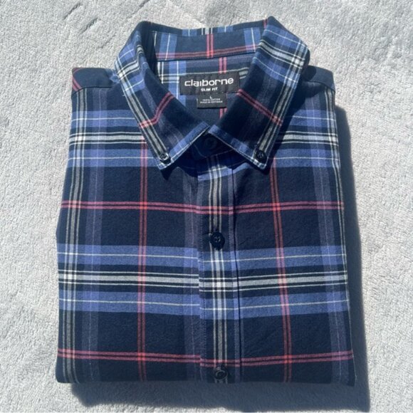 Claiborne Men's Blue and Blue/Red Plaid Slim Fit Dress Shirts Set 2 - Picture 10 of 16